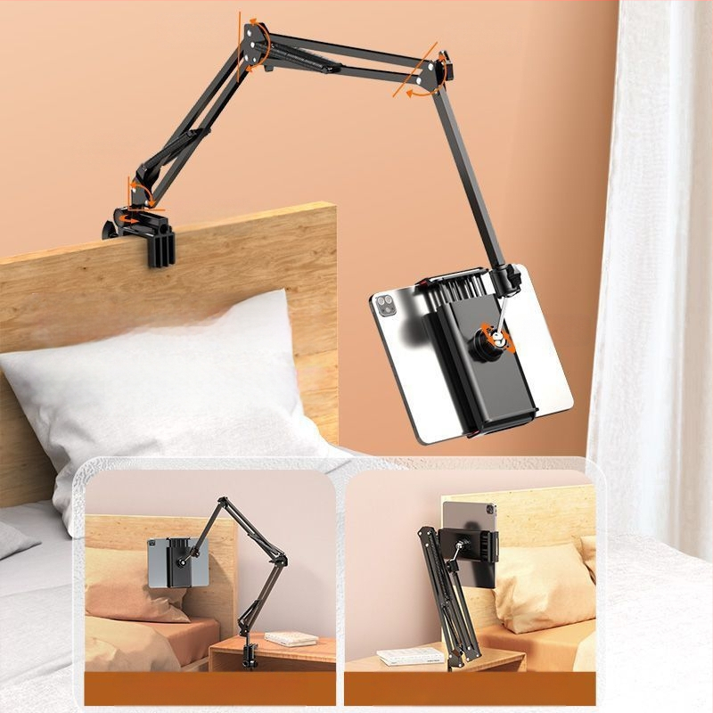 Grīdas statīvs mobilo tālruņu un planšetdatoru turēšanai ar teleskopisku roku, alumīnija sakausējuma konstrukcija, piemērots straumēšanai pie gultas