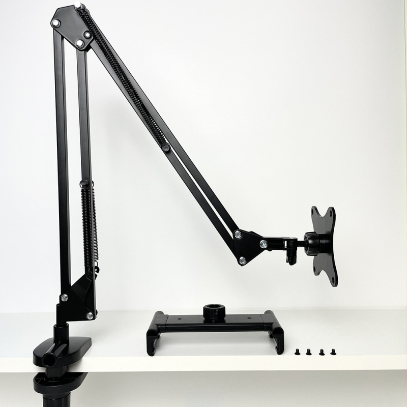 Μοντέλο 002 Φορητή βάση οθόνης με μηχανικό βραχίονα και επέκταση VESA, οριζόντια/κάθετη στήριξη σε επιφάνεια εργασίας, μεταλλική κατασκευή