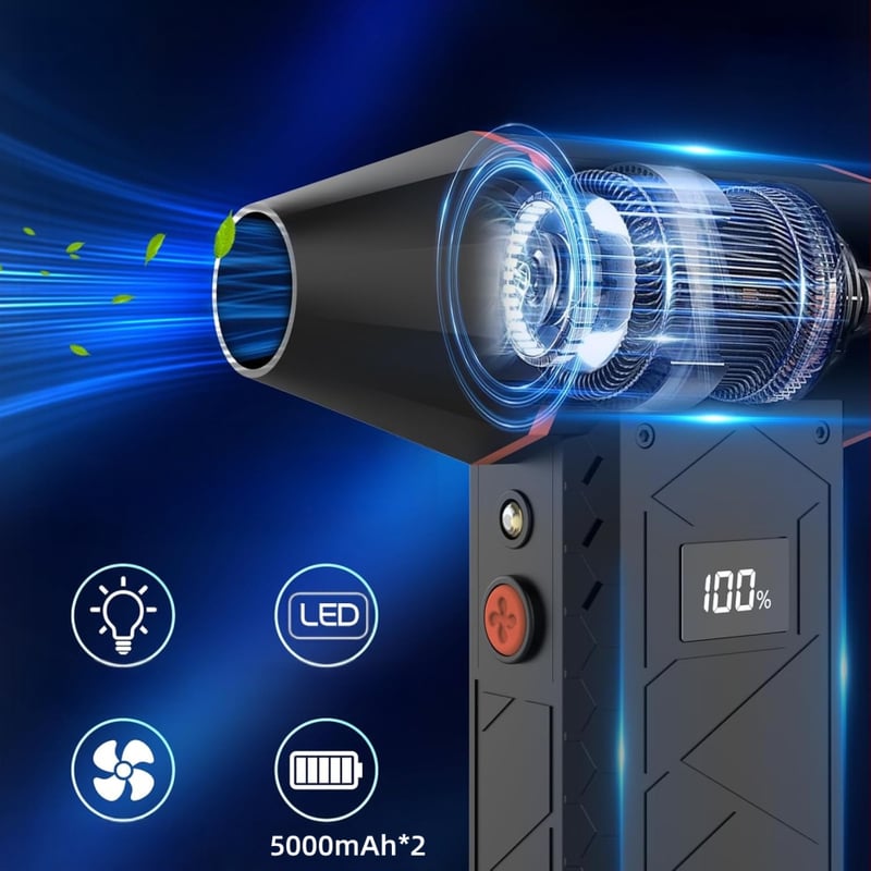 Ръчен преносим електрически турбо вентилатор с безчетков двигател, 6 лопатки, Li-Po батерия 6000mAh, 4 скорости, прахово издухване