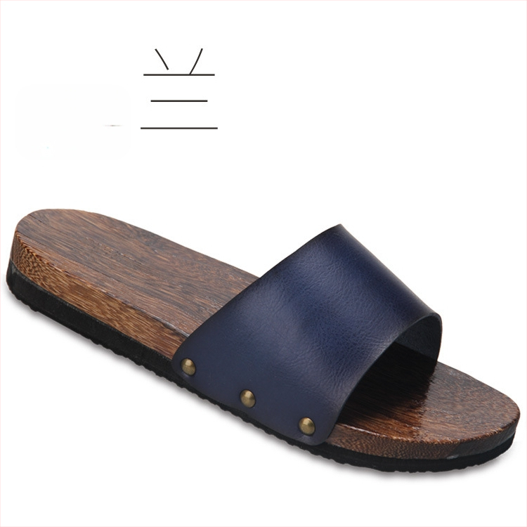 Férfiaknak szánt slide szandálok mikroszálas bőr felsőrésszel, fa talppal, nyitott hátsó résszel