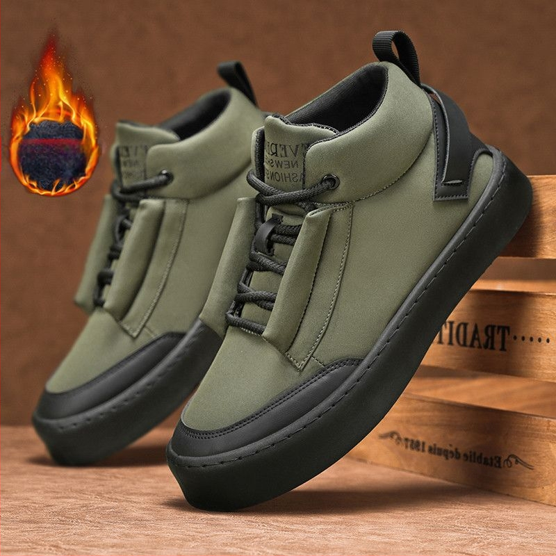 Χειμερινά Παπούτσια Καμβά Υψηλού Κορμού με Επένδυση Φλίς και Θερμές Εσωτερικές Σόλες, Ανδρικά Casual Παπούτσια σε Κορεατικό Στυλ