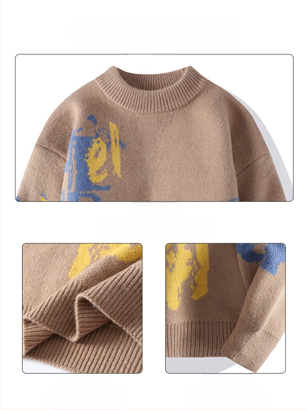 Ανδρικός πλεκτός πουλόβερ με crewneck – φλίς επένδυση, παχύς, άνετη γραμμή, ζακάρντ μοτίβο, ύφασμα Vinylon