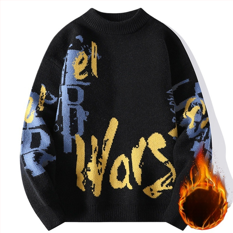 Ανδρικός πλεκτός πουλόβερ με crewneck – φλίς επένδυση, παχύς, άνετη γραμμή, ζακάρντ μοτίβο, ύφασμα Vinylon