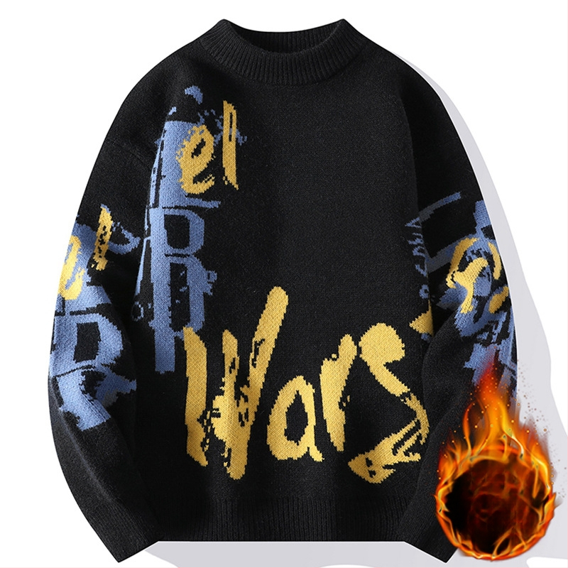 Ανδρικός πλεκτός πουλόβερ με crewneck – φλίς επένδυση, παχύς, άνετη γραμμή, ζακάρντ μοτίβο, ύφασμα Vinylon