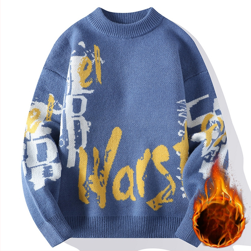 Ανδρικός πλεκτός πουλόβερ με crewneck – φλίς επένδυση, παχύς, άνετη γραμμή, ζακάρντ μοτίβο, ύφασμα Vinylon