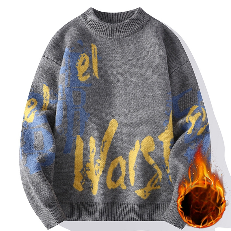 Ανδρικός πλεκτός πουλόβερ με crewneck – φλίς επένδυση, παχύς, άνετη γραμμή, ζακάρντ μοτίβο, ύφασμα Vinylon