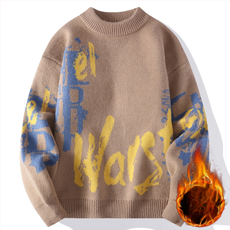 Ανδρικός πλεκτός πουλόβερ με crewneck – φλίς επένδυση, παχύς, άνετη γραμμή, ζακάρντ μοτίβο, ύφασμα Vinylon