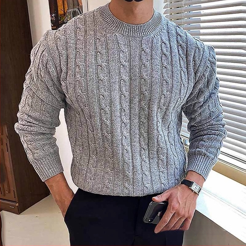 Ανδρικό πουλόβερ φθινοπωρινό-χειμερινό, χοντρή πλεκτή καμπλέ με ημι-υψηλό γιακά, casual στύλ, άνετη γραμμή, ύφασμα Cotton-Like Polyester