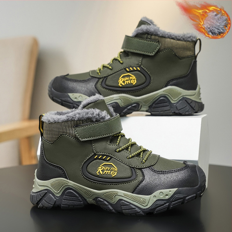 Παιδικά χειμερινά ορειβατικά παπούτσια με fleece επένδυση, παχιά κατασκευή, Velcro κλείσιμο, άνω μέρος από συνθετικό δέρμα, σχέδιο με γράμματα, σόλα TPR