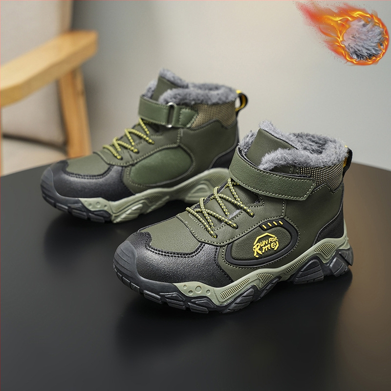 Παιδικά χειμερινά ορειβατικά παπούτσια με fleece επένδυση, παχιά κατασκευή, Velcro κλείσιμο, άνω μέρος από συνθετικό δέρμα, σχέδιο με γράμματα, σόλα TPR