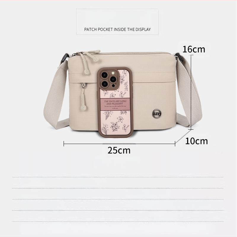 Nailona crossbody soma, pilsētas minimālisma stils, mazs kvadrāta formāts, rāvējslēdzēja atvērums, poliesteru odere, iekšējie kabati ar rāvējslēdzēju