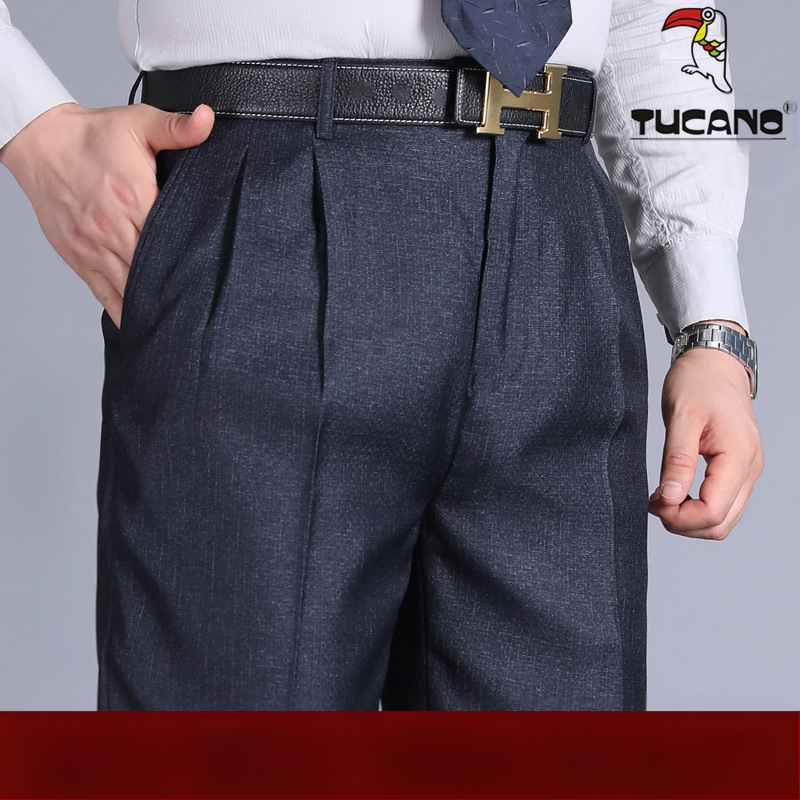 Muške hlače s dvostrukim plisama, visokim strukom, labavim krojem, ravnog kroja, poliester tkanina