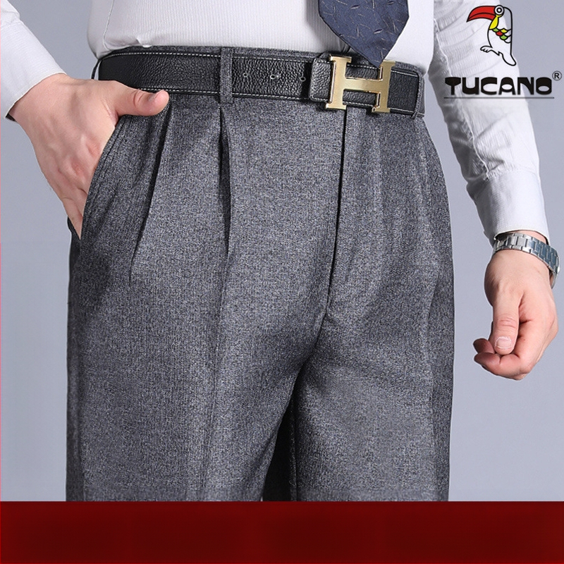 Muške hlače s dvostrukim plisama, visokim strukom, labavim krojem, ravnog kroja, poliester tkanina