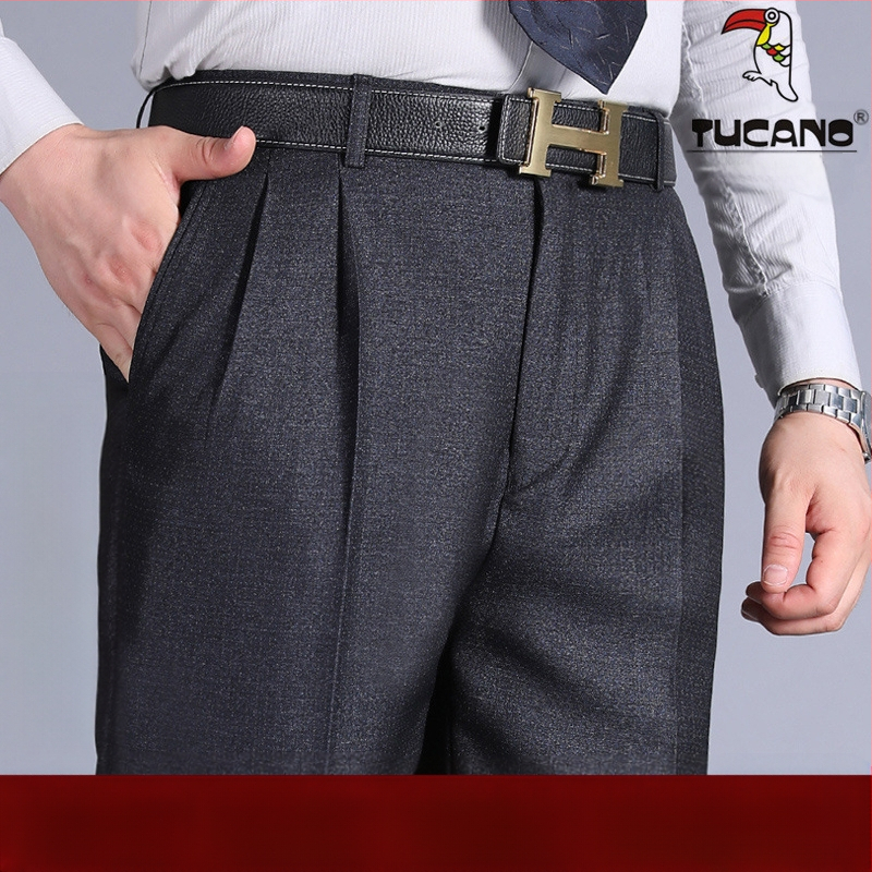 Muške hlače s dvostrukim plisama, visokim strukom, labavim krojem, ravnog kroja, poliester tkanina