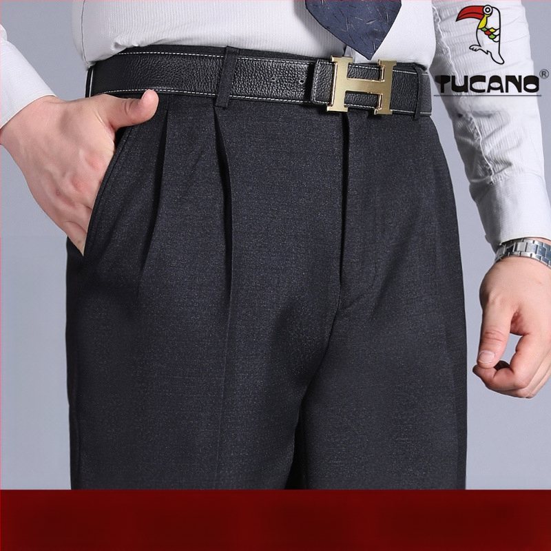 Muške hlače s dvostrukim plisama, visokim strukom, labavim krojem, ravnog kroja, poliester tkanina