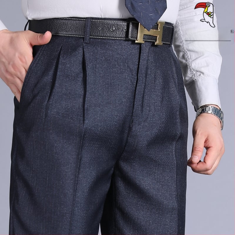 Muške hlače s dvostrukim plisama, visokim strukom, labavim krojem, ravnog kroja, poliester tkanina