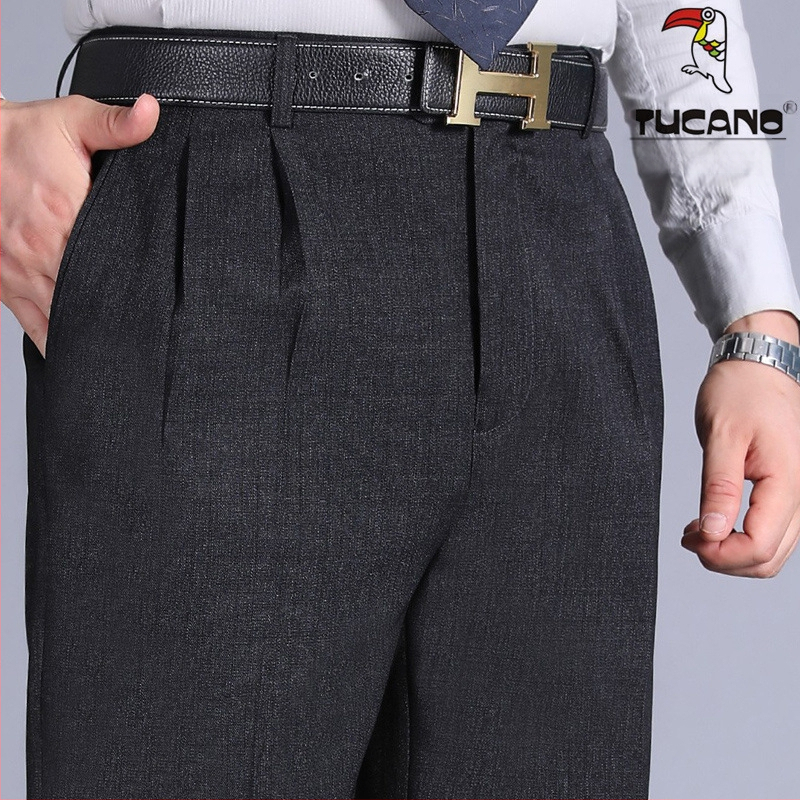 Muške hlače s dvostrukim plisama, visokim strukom, labavim krojem, ravnog kroja, poliester tkanina