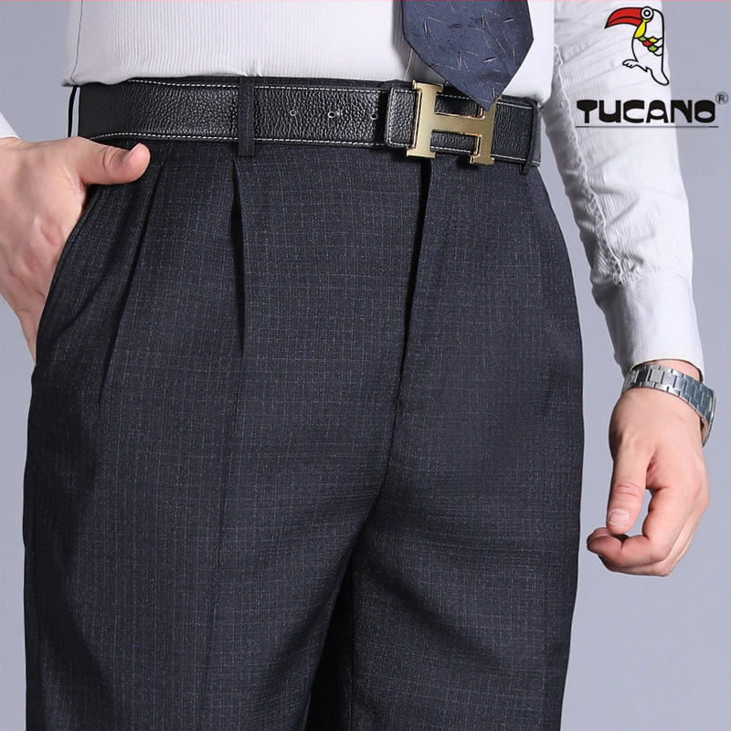 Muške hlače s dvostrukim plisama, visokim strukom, labavim krojem, ravnog kroja, poliester tkanina