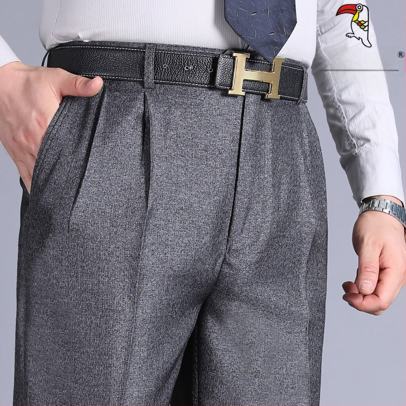 Muške hlače s dvostrukim plisama, visokim strukom, labavim krojem, ravnog kroja, poliester tkanina