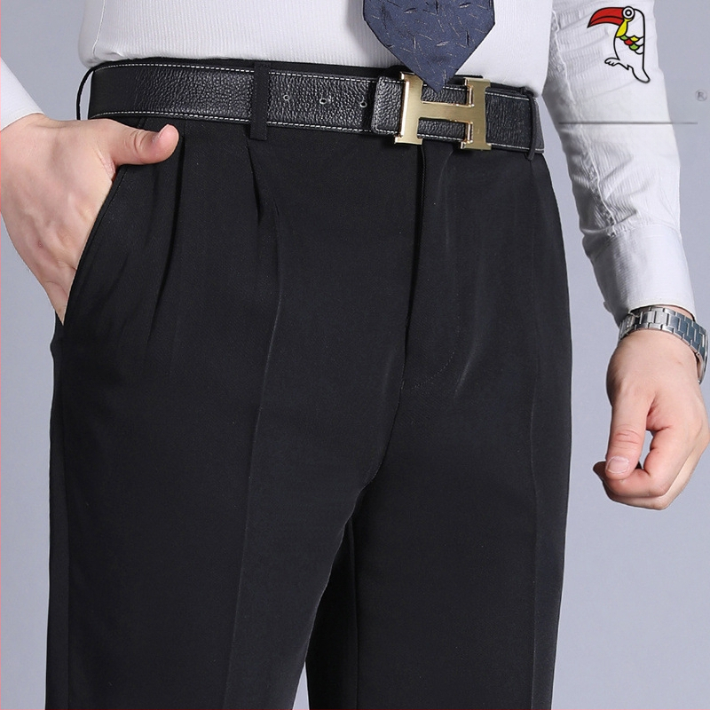 Muške hlače s dvostrukim plisama, visokim strukom, labavim krojem, ravnog kroja, poliester tkanina