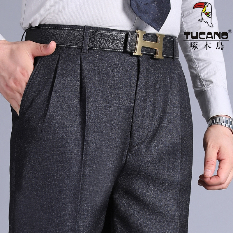 Muške hlače s dvostrukim plisama, visokim strukom, labavim krojem, ravnog kroja, poliester tkanina