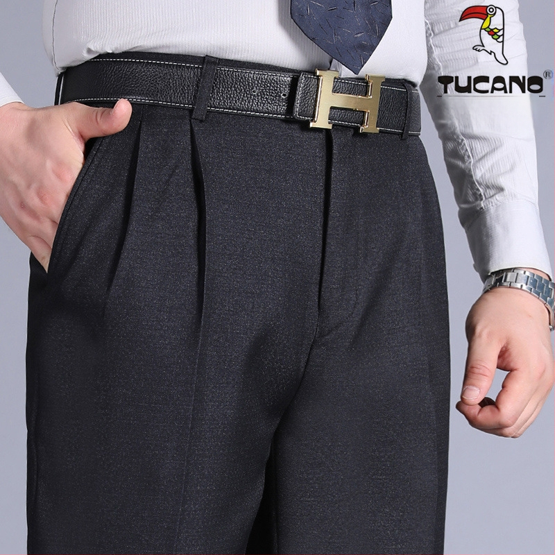 Muške hlače s dvostrukim plisama, visokim strukom, labavim krojem, ravnog kroja, poliester tkanina