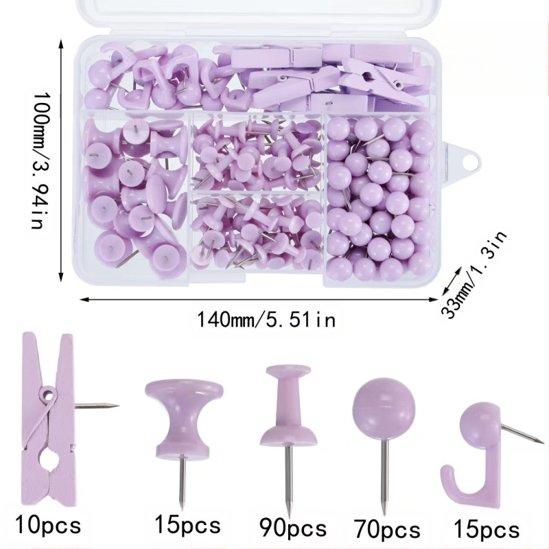Biuro reikmenų rinkinys: 200 vnt. kamštinės plokštės smeigtukai dėžutėje su penkiais skyreliais, I formos smeigtukai su adatos klipais ir mezgimo kabliukais
