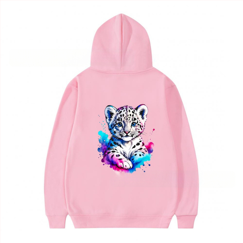 Φούτερ με κουκούλα από πολυεστέρα με επένδυση φλίς, λεοπάρ εκτύπωση, χαλαρή γραμμή, μακριές μανίκια