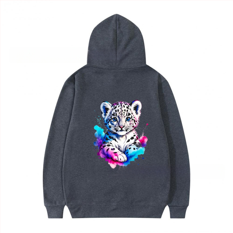 Φούτερ με κουκούλα από πολυεστέρα με επένδυση φλίς, λεοπάρ εκτύπωση, χαλαρή γραμμή, μακριές μανίκια