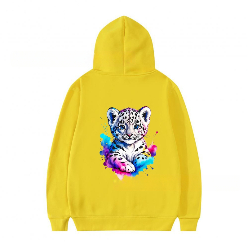 Φούτερ με κουκούλα από πολυεστέρα με επένδυση φλίς, λεοπάρ εκτύπωση, χαλαρή γραμμή, μακριές μανίκια