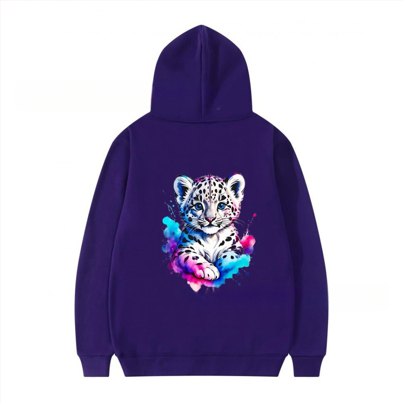 Φούτερ με κουκούλα από πολυεστέρα με επένδυση φλίς, λεοπάρ εκτύπωση, χαλαρή γραμμή, μακριές μανίκια