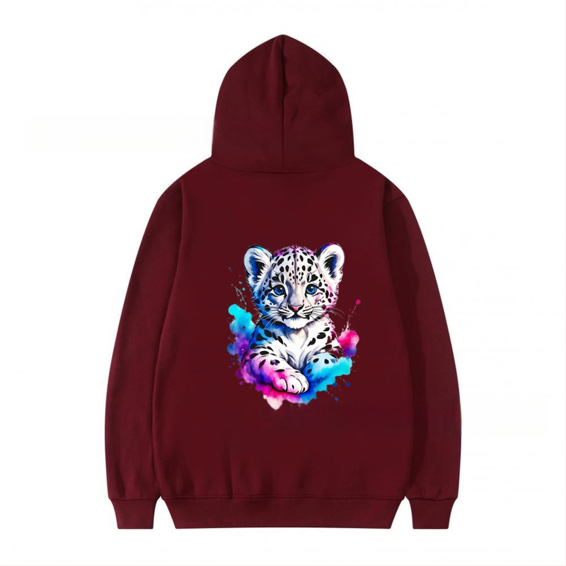 Φούτερ με κουκούλα από πολυεστέρα με επένδυση φλίς, λεοπάρ εκτύπωση, χαλαρή γραμμή, μακριές μανίκια