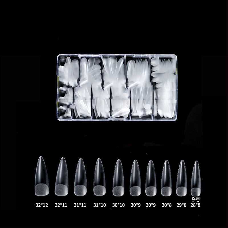 Διάφανα τεχνητά νύχια για κόλλημα, χωρίς λιμάρισμα και ίχνη, κουτί 500 τεμάχια; Σχήματα: τραπεζοειδή, σταγόna νερού και τετράγωνα; περιλαμβάνονται αυτοκόλλητα νυχιών.