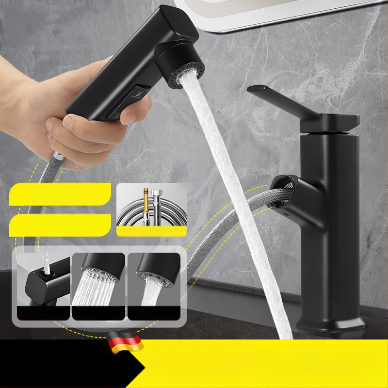 Ištraukiamas praustuvo čiaupas, cinko lydinio korpusas, keramikinis disko vožtuvas, šiuolaikinis minimalistinis stilus