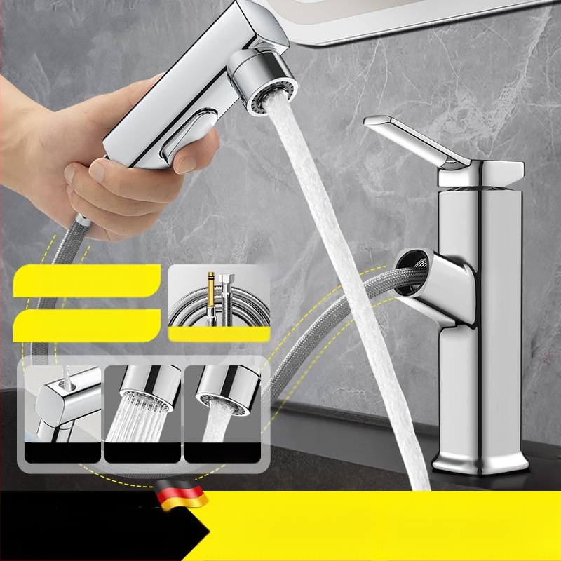 Ištraukiamas praustuvo čiaupas, cinko lydinio korpusas, keramikinis disko vožtuvas, šiuolaikinis minimalistinis stilus