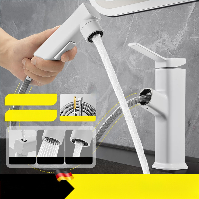 Ištraukiamas praustuvo čiaupas, cinko lydinio korpusas, keramikinis disko vožtuvas, šiuolaikinis minimalistinis stilus