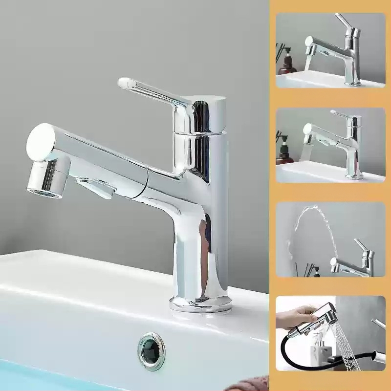 Ištraukiamas praustuvo čiaupas, cinko lydinio korpusas, keramikinis disko vožtuvas, šiuolaikinis minimalistinis stilus