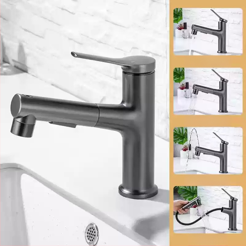 Ištraukiamas praustuvo čiaupas, cinko lydinio korpusas, keramikinis disko vožtuvas, šiuolaikinis minimalistinis stilus