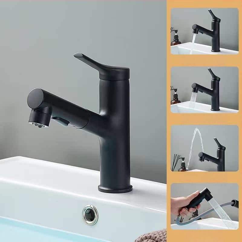 Ištraukiamas praustuvo čiaupas, cinko lydinio korpusas, keramikinis disko vožtuvas, šiuolaikinis minimalistinis stilus