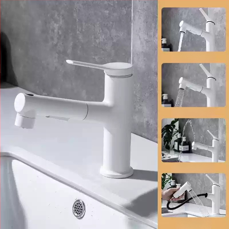 Ištraukiamas praustuvo čiaupas, cinko lydinio korpusas, keramikinis disko vožtuvas, šiuolaikinis minimalistinis stilus