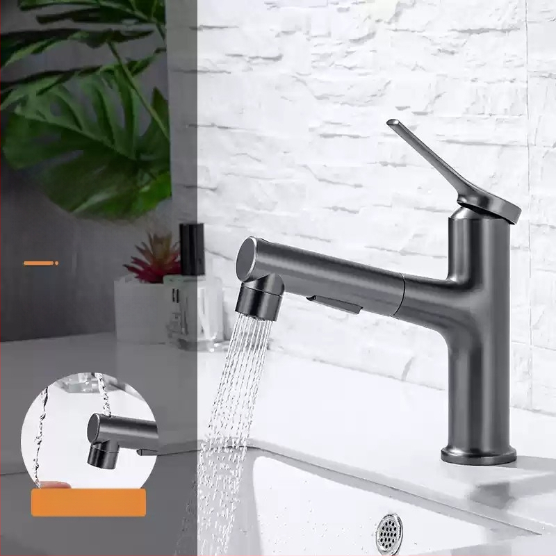 Ištraukiamas praustuvo čiaupas, cinko lydinio korpusas, keramikinis disko vožtuvas, šiuolaikinis minimalistinis stilus