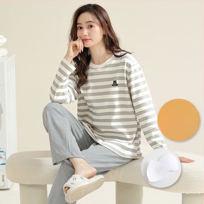 Σετ πιτζάμες για νέες γυναίκες – πολυεστερικό ύφασμα με όψη βαμβακιού, στρογγυλή λαιμόκοψη, μακριά μανίκια, μακριές παντελόνες, άνετο οικιακό ένδυμα, στυλ κινουμένων σχεδίων