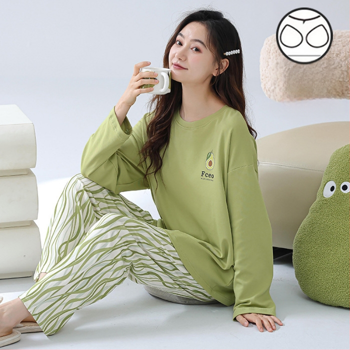Σετ πιτζάμες για νέες γυναίκες – πολυεστερικό ύφασμα με όψη βαμβακιού, στρογγυλή λαιμόκοψη, μακριά μανίκια, μακριές παντελόνες, άνετο οικιακό ένδυμα, στυλ κινουμένων σχεδίων
