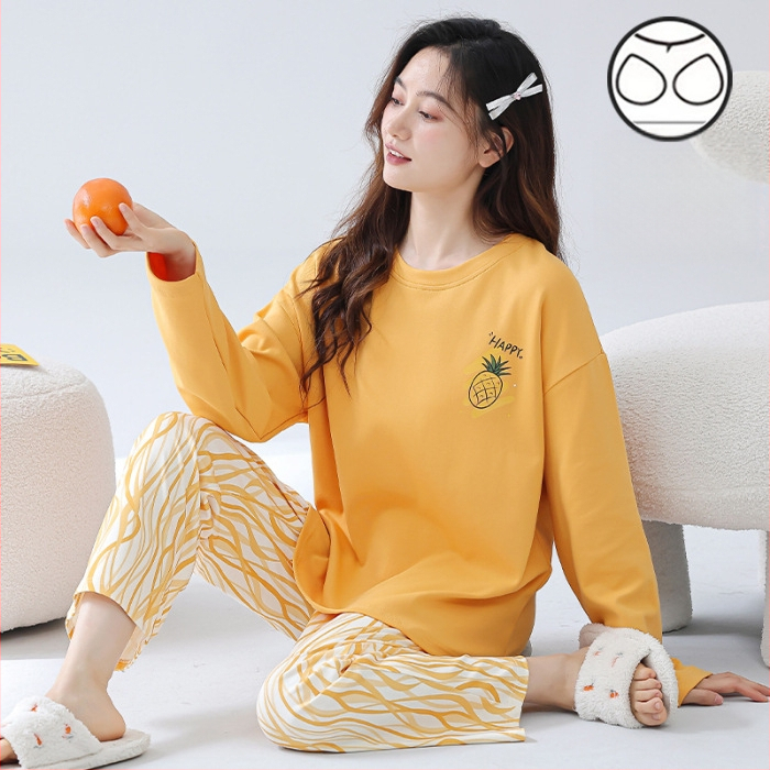 Σετ πιτζάμες για νέες γυναίκες – πολυεστερικό ύφασμα με όψη βαμβακιού, στρογγυλή λαιμόκοψη, μακριά μανίκια, μακριές παντελόνες, άνετο οικιακό ένδυμα, στυλ κινουμένων σχεδίων