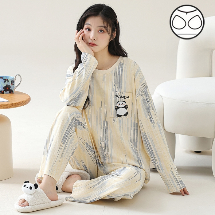 Σετ πιτζάμες για νέες γυναίκες – πολυεστερικό ύφασμα με όψη βαμβακιού, στρογγυλή λαιμόκοψη, μακριά μανίκια, μακριές παντελόνες, άνετο οικιακό ένδυμα, στυλ κινουμένων σχεδίων