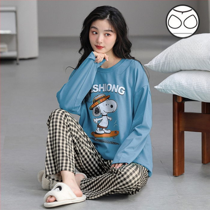 Σετ πιτζάμες για νέες γυναίκες – πολυεστερικό ύφασμα με όψη βαμβακιού, στρογγυλή λαιμόκοψη, μακριά μανίκια, μακριές παντελόνες, άνετο οικιακό ένδυμα, στυλ κινουμένων σχεδίων