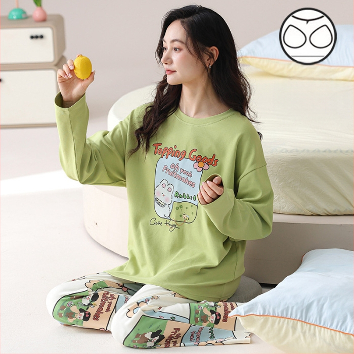 Σετ πιτζάμες για νέες γυναίκες – πολυεστερικό ύφασμα με όψη βαμβακιού, στρογγυλή λαιμόκοψη, μακριά μανίκια, μακριές παντελόνες, άνετο οικιακό ένδυμα, στυλ κινουμένων σχεδίων