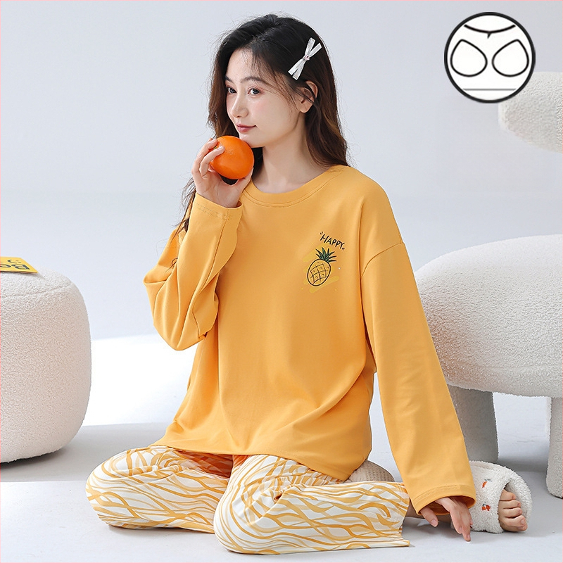 Σετ πιτζάμες για νέες γυναίκες – πολυεστερικό ύφασμα με όψη βαμβακιού, στρογγυλή λαιμόκοψη, μακριά μανίκια, μακριές παντελόνες, άνετο οικιακό ένδυμα, στυλ κινουμένων σχεδίων