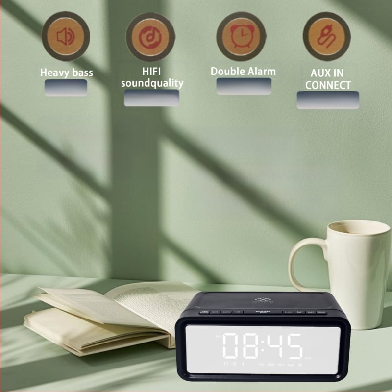 Dviejų žadintuvų radijas su Bluetooth garsu, LED ekranas, USB įkroviklis, belaidis įkrovimas, Bluetooth 5.3