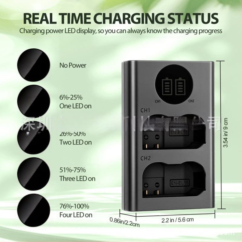 Двуканално зарядно за EN-EL15 батерия за Nikon D7000/D7100/D800/D800E/D610 с USB-C вход и LED индикатор